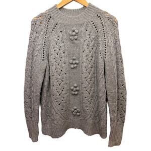 J.Crew Grey Cable Pointelle Knit Pom Pom Knit Crewneck Sweater - S - Pre-Owned